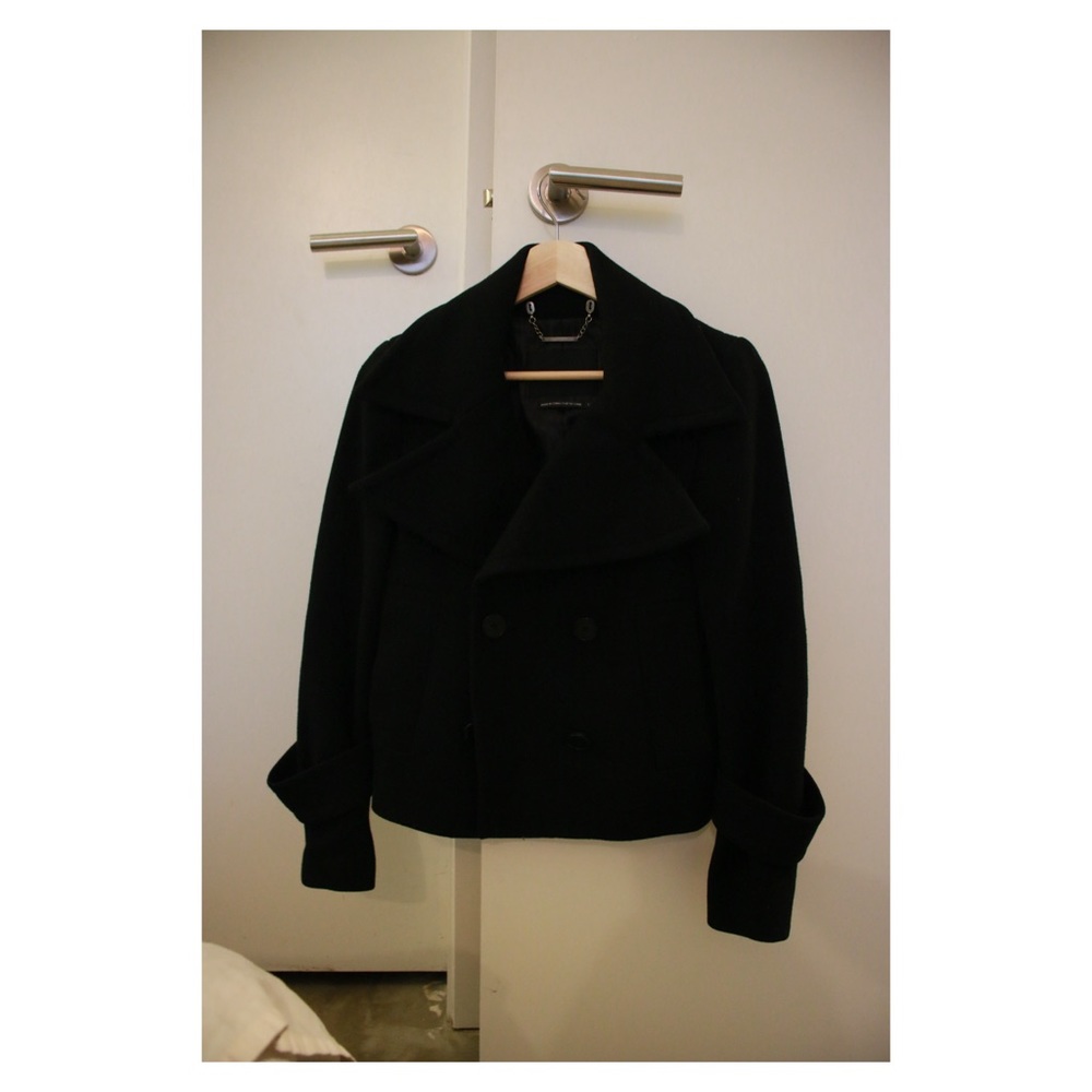 Black Wool Nylon Double Breasted Cropped Coat